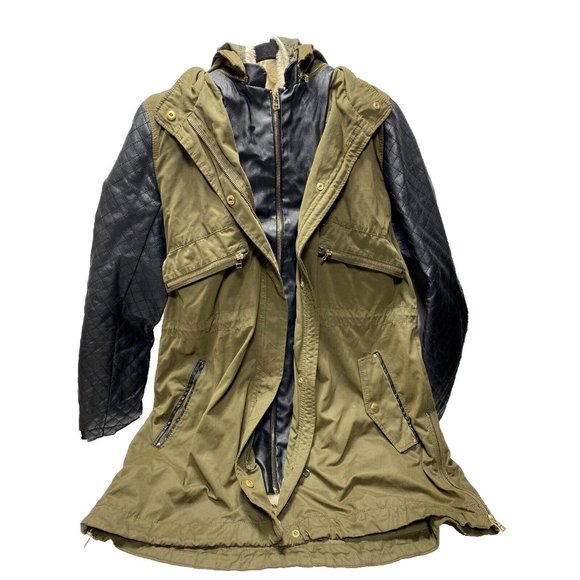 Green Zara Leather and Khaki Winter/Fall Coat Parka L -As is front zipper broken - Picture 1 of 16
